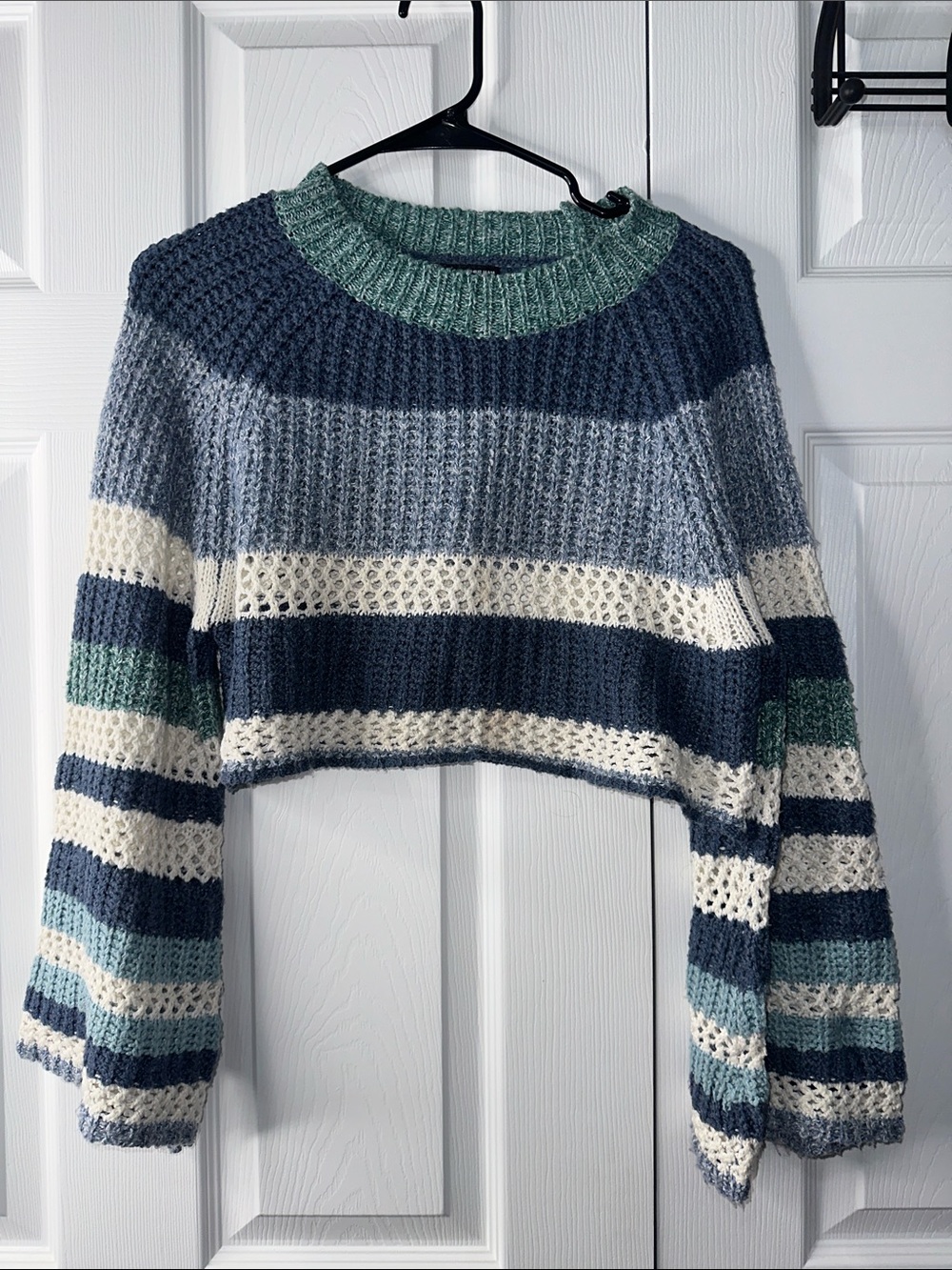 SHEIN Striped Cropped Open-Knit Sweater in Navy, Light Blue, Cream & Mint